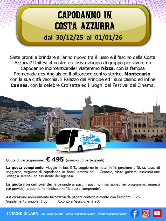 viaggio di gruppo-Capodanno Liguria e Costa Azzurra- i viaggi di lara