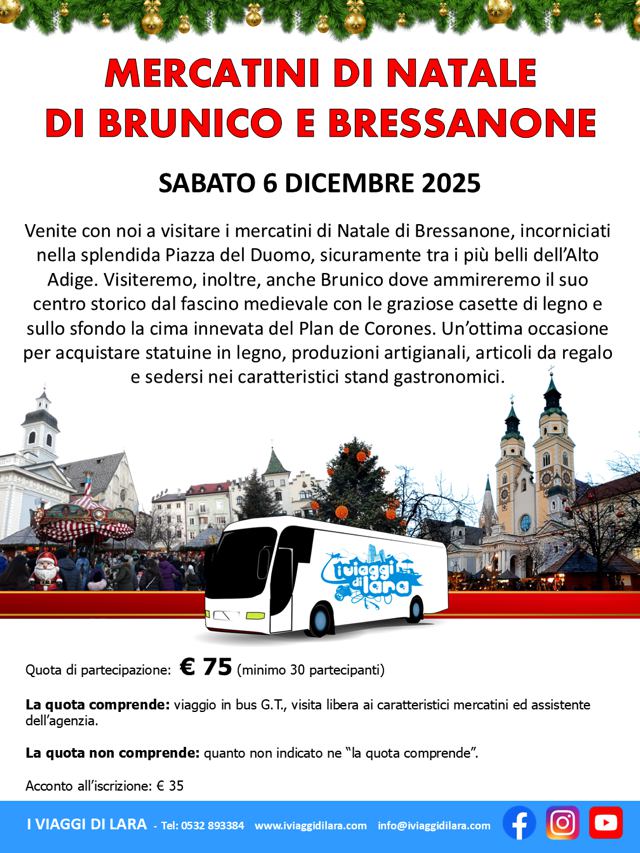 viaggio di gruppo-Mercatini di Natale di Brunico e Bressanone- i viaggi di lara