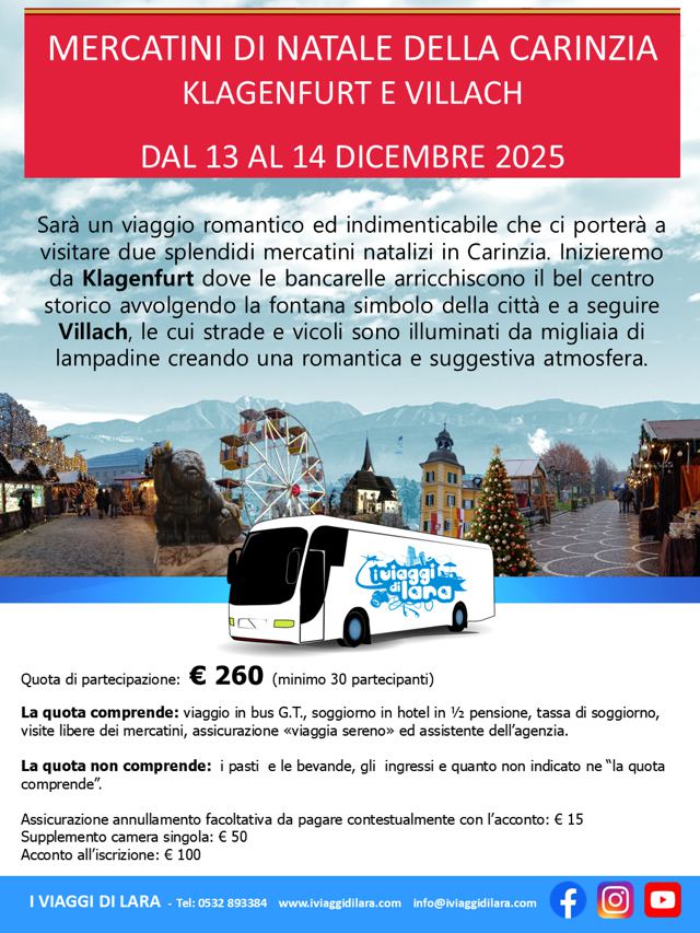 viaggio di gruppo-Mercatini di Natale di Klagenfurt e Villach- i viaggi di lara