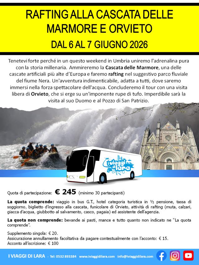 viaggio di gruppo-Rafting alla Cascata delle Marmore e Orvieto- i viaggi di lara