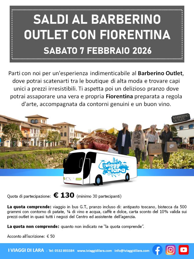 viaggio di gruppo-Saldi Outlet Barberino con fiorentina- i viaggi di lara