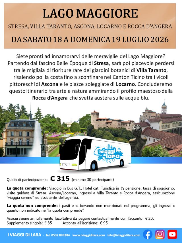 viaggi di gruppo-Lago Maggiore, Stresa, Villa Taranto, Ascona, Locarno e Rocca di Angera-i viaggi di lara