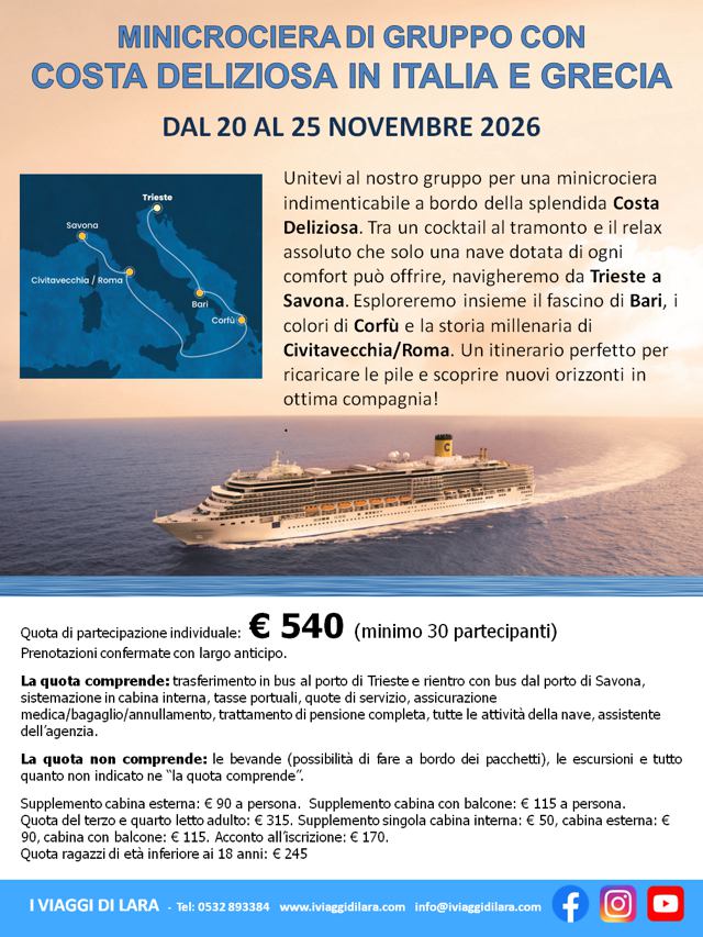 viaggi di gruppo-Minicrociera con Costa Deliziosa, Trieste, Bari, Corfù, CivitavecchiaRoma,-i viaggi di lara