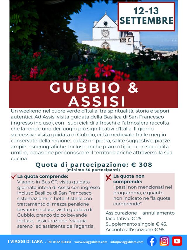 viaggi di gruppo-Week end Assisi e Gubbio- i viaggi di lara