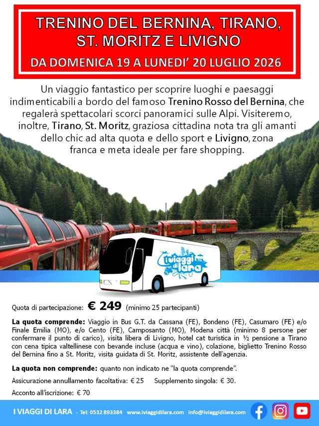 viaggio di gruppo-Trenino del Bernina, 19 Luglio 2026