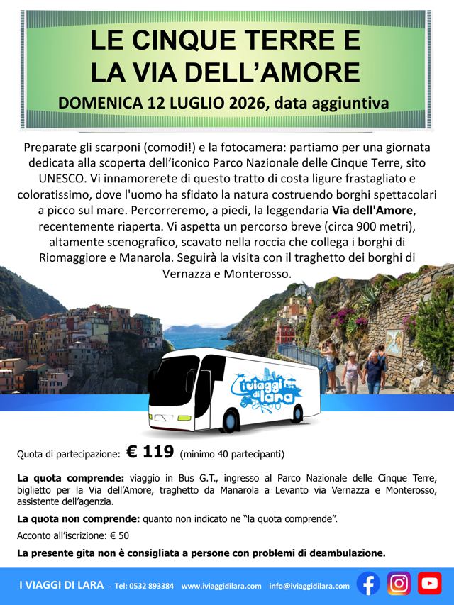 viaggio di gruppo-Cinque Terre e Via dell'Amore, luglio 2026