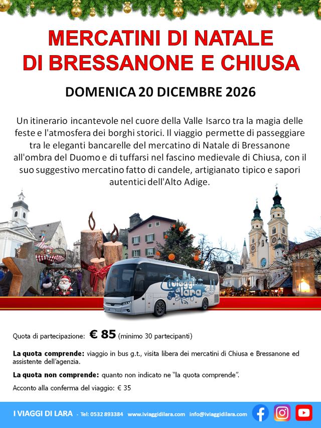 viaggi di gruppo-Mercatini di Natale di Bressanone e Chiusa- i viaggi di lara
