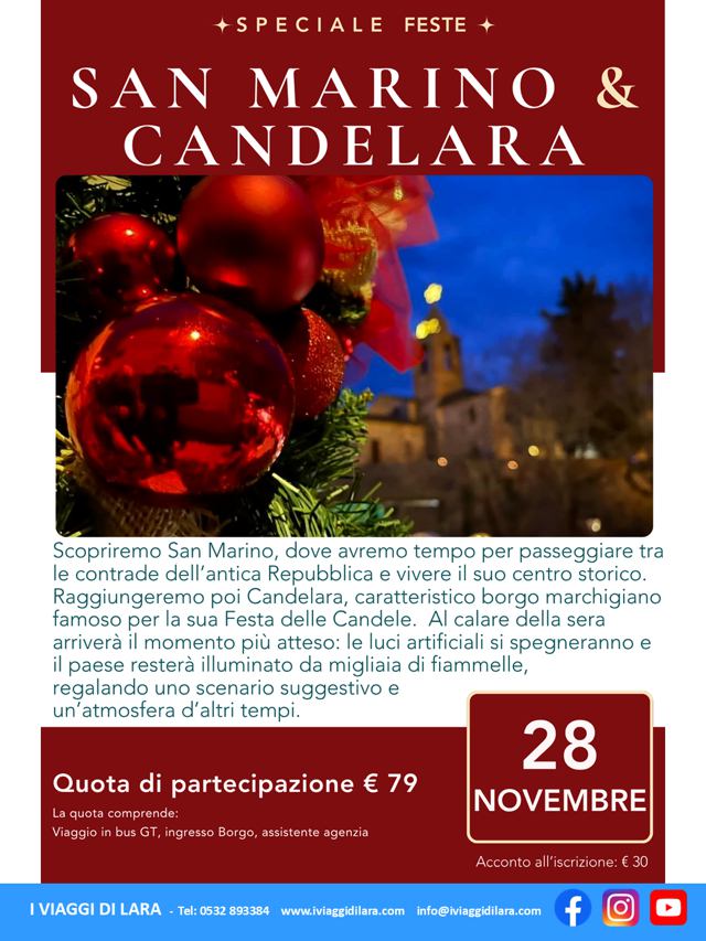 viaggi di gruppo-Mercatini di Natale di San Marino e Candelara- i viaggi di lara