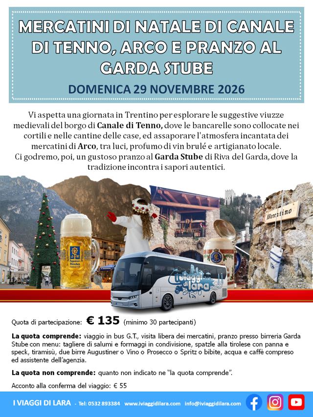 viaggi di gruppo-Mercatini di Natale di Tenno, Riva garda e pranzo stube- i viaggi di lara