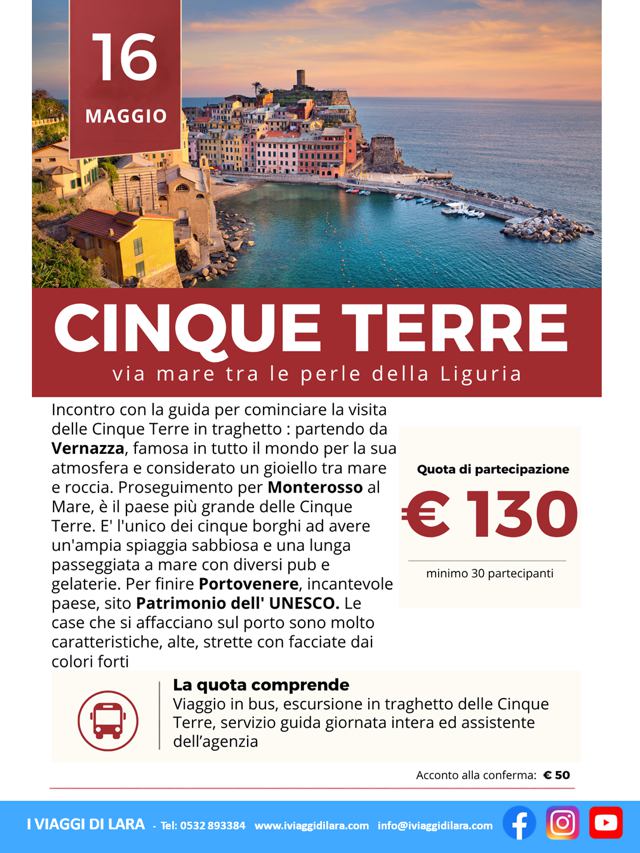 Viaggi di gruppo-Cinque Terre Via Mare- i viaggi di lara