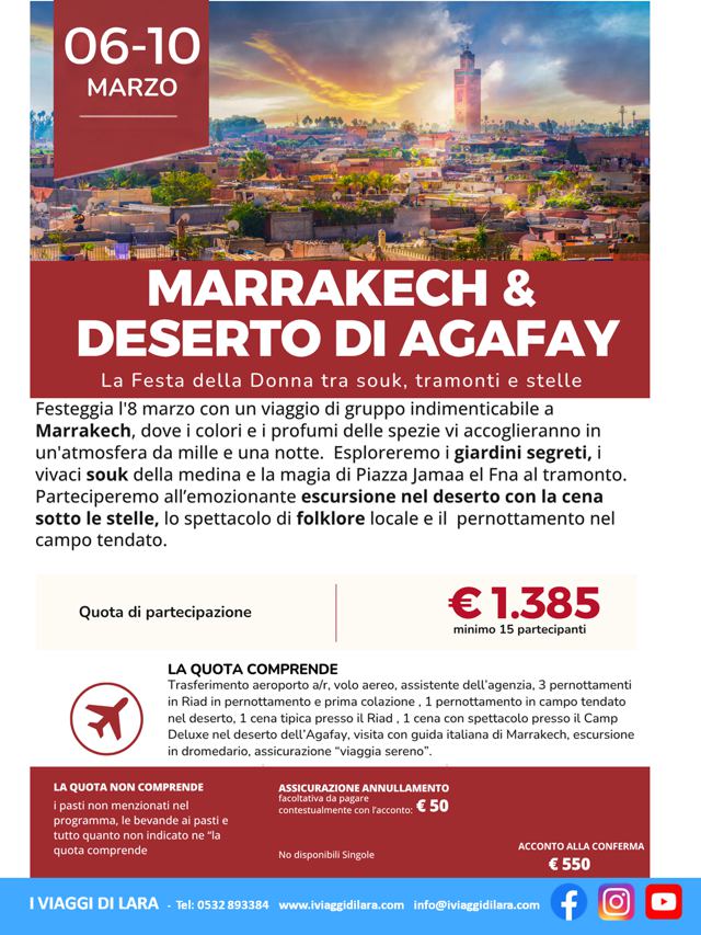 Viaggi di gruppo-Festa della Donna a Marrakech e deserto Agafay- i viaggi di lara