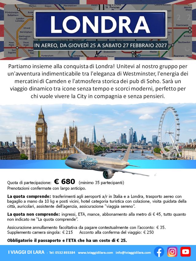 viaggi di gruppo-Londra, NOV. 2027- i viaggi di lara