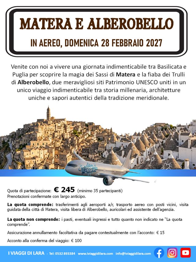 viaggi di gruppo-Matera e Alberobello 2027- i viaggi di lara