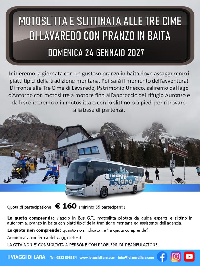 viaggi di gruppo-Motoslitta e slittinata alle Tre Cime di Lavaredo