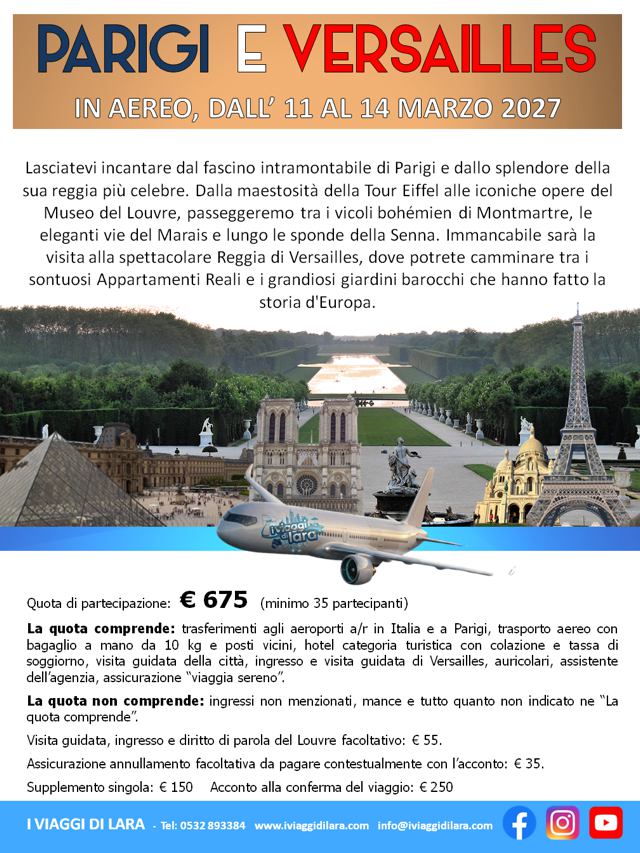viaggi di gruppo-Parigi e Versailles 2027- i viaggi di lara